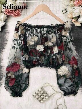 SHEIN Black Sheer Off-Shoulder Floral Embroidered Crop Blouse